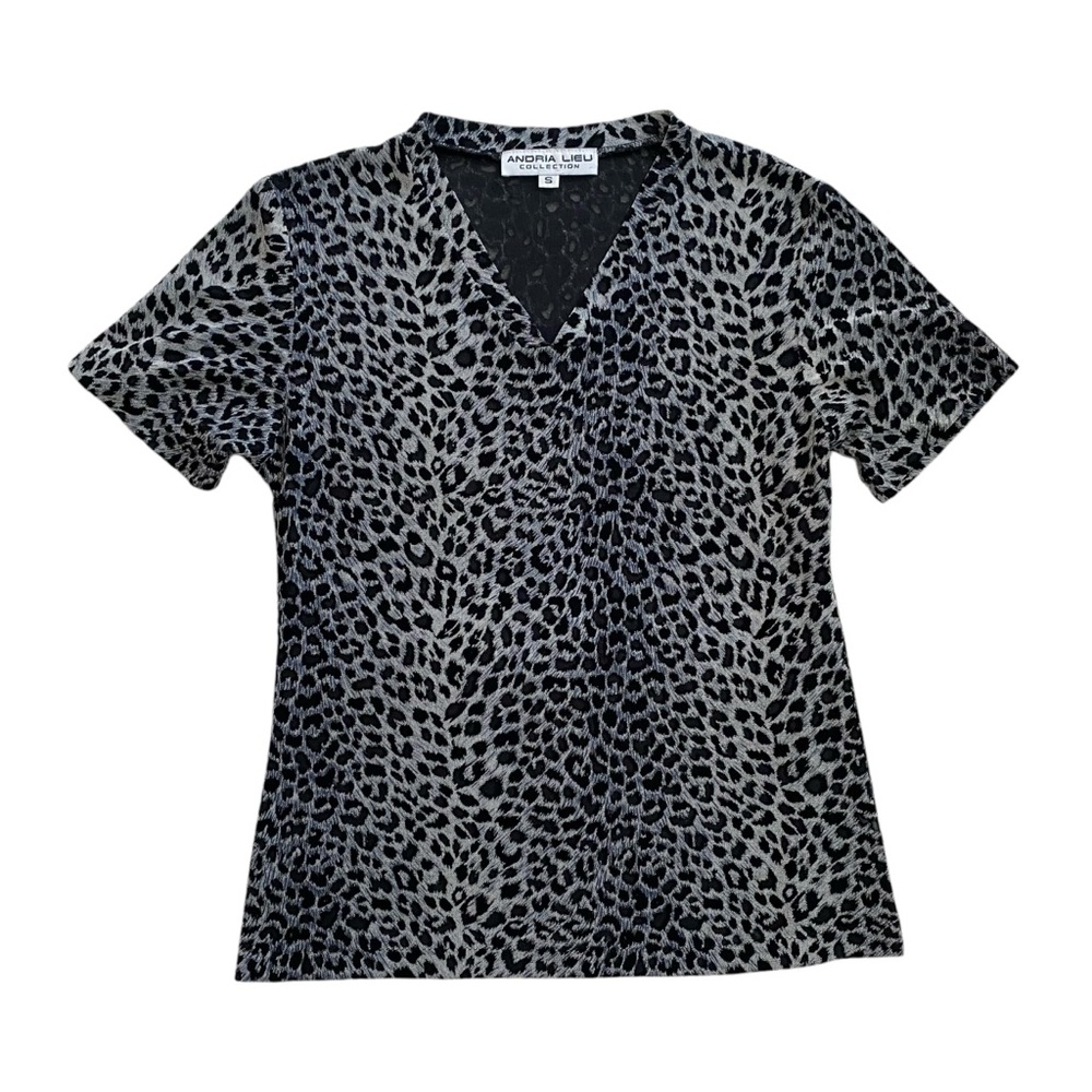 Vintage 90s Andrea Lieu Small Stretchy Black Grey Cheetah‎ V-Neck Top